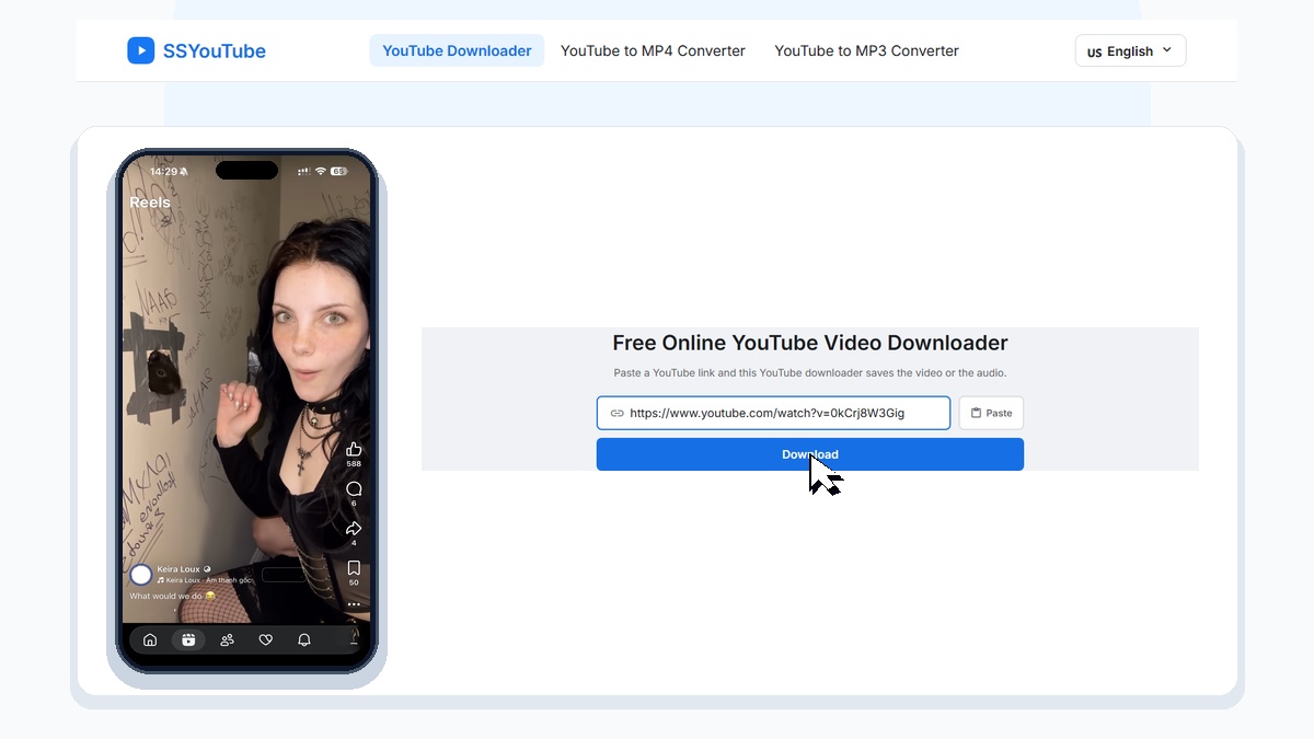 SSYouTube youtube downloader page with a pasted link and format options